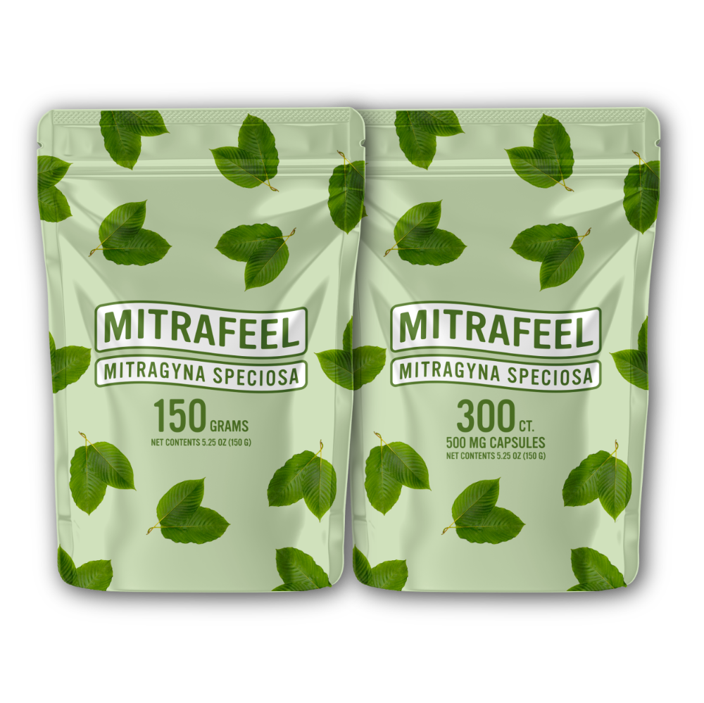 Two packages of Mitrafeel Mitragyna Speciosa (Kratom). One with 150 grams of kratom powder and the other with 300 capsules containing 500mg of kratom powder each.