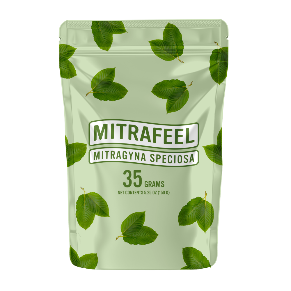 A package of Mitrafeel Mitragyna Speciosa (Kratom) with 35 grams of kratom powder.