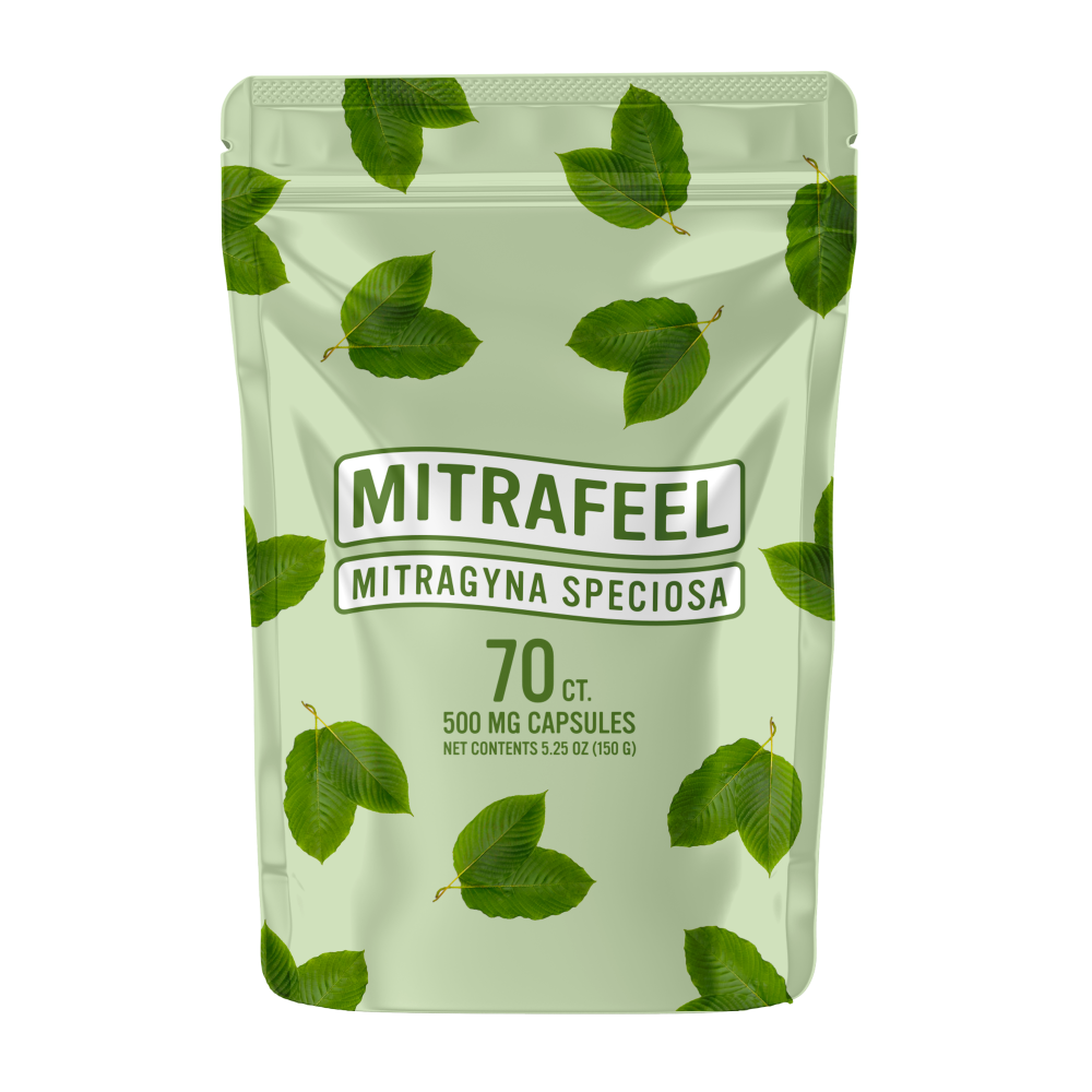 A package of Mitrafeel Mitragyna Speciosa (Kratom) capsules with 70 capsules containing 500mg of kratom powder each.