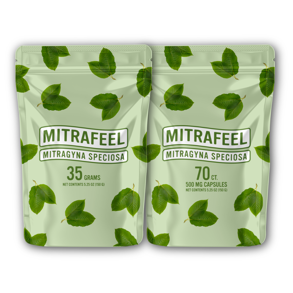 Two packages of Mitrafeel Mitragyna Speciosa (Kratom). One with 35 grams of kratom powder and the other with 70 capsules containing 500mg of kratom powder each.