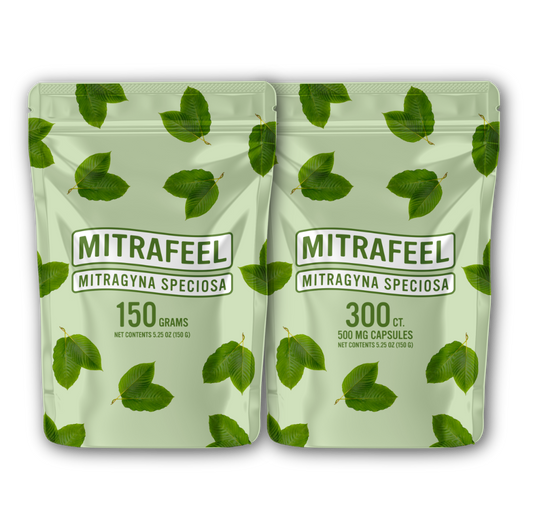 Two packages of Mitrafeel Mitragyna Speciosa (Kratom). One with 150 grams of kratom powder and the other with 300 capsules containing 500mg of kratom powder each.