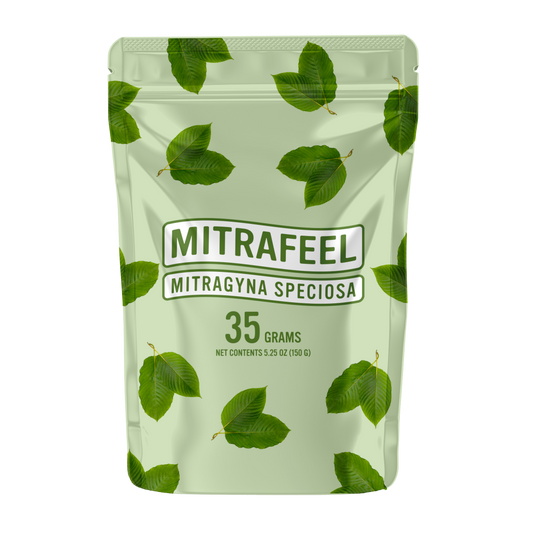 A package of Mitrafeel Mitragyna Speciosa (Kratom) with 35 grams of kratom powder.