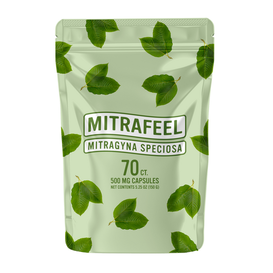 A package of Mitrafeel Mitragyna Speciosa (Kratom) capsules with 70 capsules containing 500mg of kratom powder each.