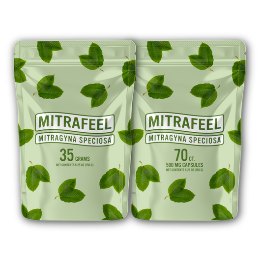 Two packages of Mitrafeel Mitragyna Speciosa (Kratom). One with 35 grams of kratom powder and the other with 70 capsules containing 500mg of kratom powder each.